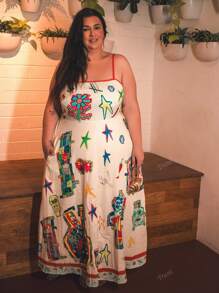 Truni Plus Size Women Digital Printed Patchwork Dress With Adjustable Straps Bohemian Style A-Line Dress For Spring And Summer