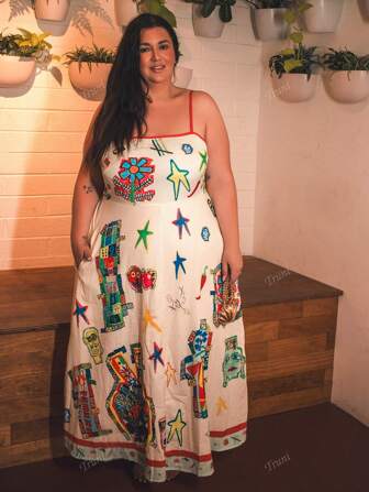 Truni Große Größen Damen Kleid im Digitaldruck Patchwork-Stil mit verstellbaren Trägern, Boho-Stil A-Linie Kleid für Frühling und Sommer