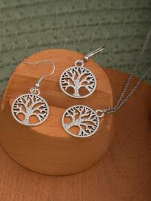 3 Pieces Vintage Women Jewelry Set, Includes Silver-Tone Hollow Tree Of Life Pendant Necklace And Earrings - Tree Of Life - View 2