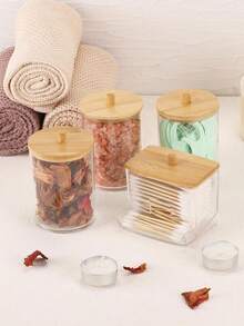 4 piezas Soporte para cosméticos, Organizador de cosméticos para baño, Caja de almacenamiento de maquillaje, Estante dispensador con tapa de bambú - Multicolor - Ver 4