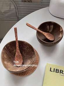 一套（椰子碗+勺子）椰子壳碗，复古圆形碗，椰子壳勺子，适合制作冰沙甜点碗，可用作学校餐饮用品，椰子壳勺子，返校季必备 - 椰殼 - 查看 2
