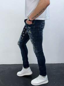 Men's Dark Wash Bandana Patch Skinny Jeans With Rips And Paint Splatter - Grey - View 7