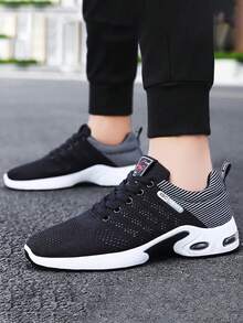 [Gorpcore Mountain Style] Men's Outdoor Fitness/Commute/Summer Outfit Black & White Contrast Breathable Mesh Cushioned Air Sole Sneakers, Round Toe Mid-Top Lace-Up 3cm Hidden Elevator Lightweight EVA Midsole Running Shoes ,Gym 2000s Style Valentine's Day Ideas - Multicolor - View 7