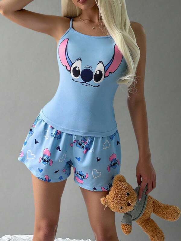 Disney Disneyland Ladies Cute Stitch Printed Sleepwear Set, Strap Round Neck Cami Top & Shorts, Comfortable Homewear For Spring & Autumn, Lounge Outfit
