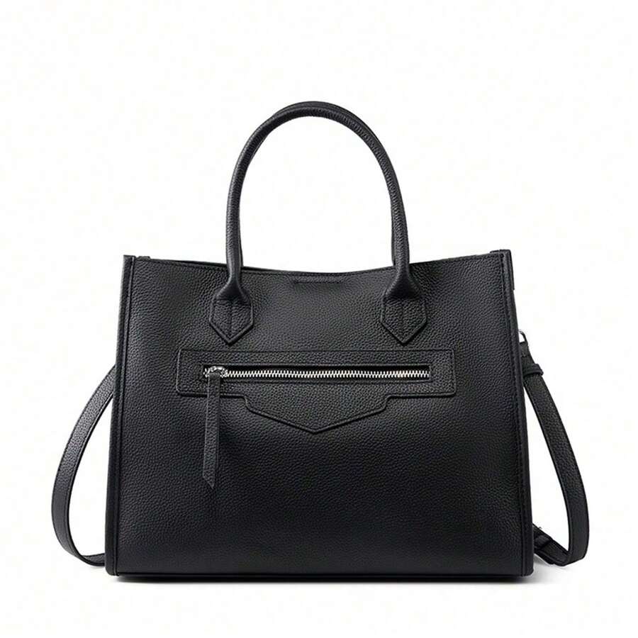 New Premium Leather Tote - Large Capacity, Unique Design, Ideal For Commuting With Laptop - Black - View 1