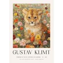 Peinture sur canevas de style poster rétro avec des motifs de fleurs nordiques, d'animaux comme le paon, le lama, le tigre royal du Bengale et le lion, selon le style de Gustav Klimt. Décoration murale pour la maison, cadeau avec option de cadre