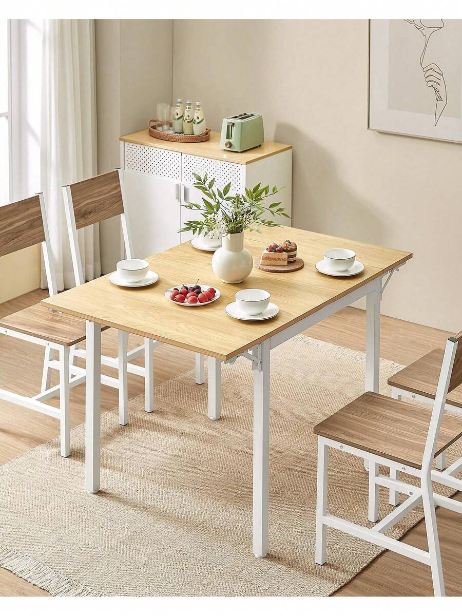 Folding Dining Table, Drop Leaf Extendable, For Small Spaces, Seats 2-4 People, Industrial, Natural Oak And Cloud White - White - View 1
