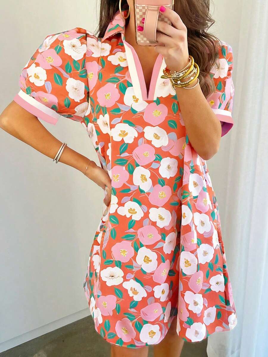 Acelitt Summer Multicolored Plant Flower Print Contrasting Lapel Short Sleeved Dress For Vacation And Leisure - Multicolor - View 1