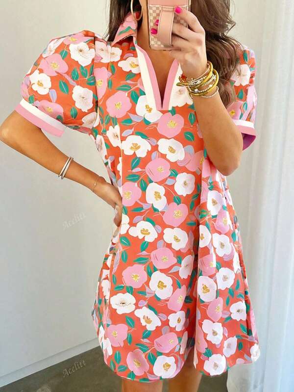 Acelitt Summer Multicolored Plant Flower Print Contrasting Lapel Short Sleeved Dress For Vacation And Leisure