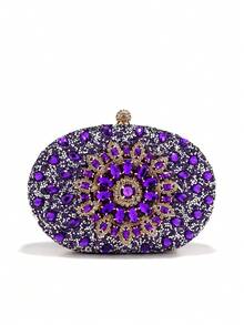 Luxus Strass Dekor Handtasche, kleine Clutch Geldbörse, elegante Abendtasche, Metallketten-Griff, modisch würdevolle Party Handgelenktasche, Braut Hochzeits-Tasche, passend für formelle Bankette, Partys, Hochzeiten, Frauengeschenke - Violett - Übersicht 5