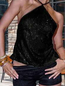 Women Sleeveless Halter Tops Summer Shiny Sequins Tie Up Backless Shirts For Streetwear Aesthetic Grunge Clothes - 黑色 - 查看 5