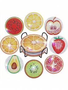 8pcs Fruit Design Diamond Painting Coaster Set With Holder, DIY Diamond Art Coaster Craft Kit Suitable For Beginners - Multicolor - View 1
