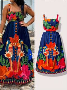 Plus Size Women Spring Floral Easter Women Dress Embroidered Maxi Dress - Color - View 2