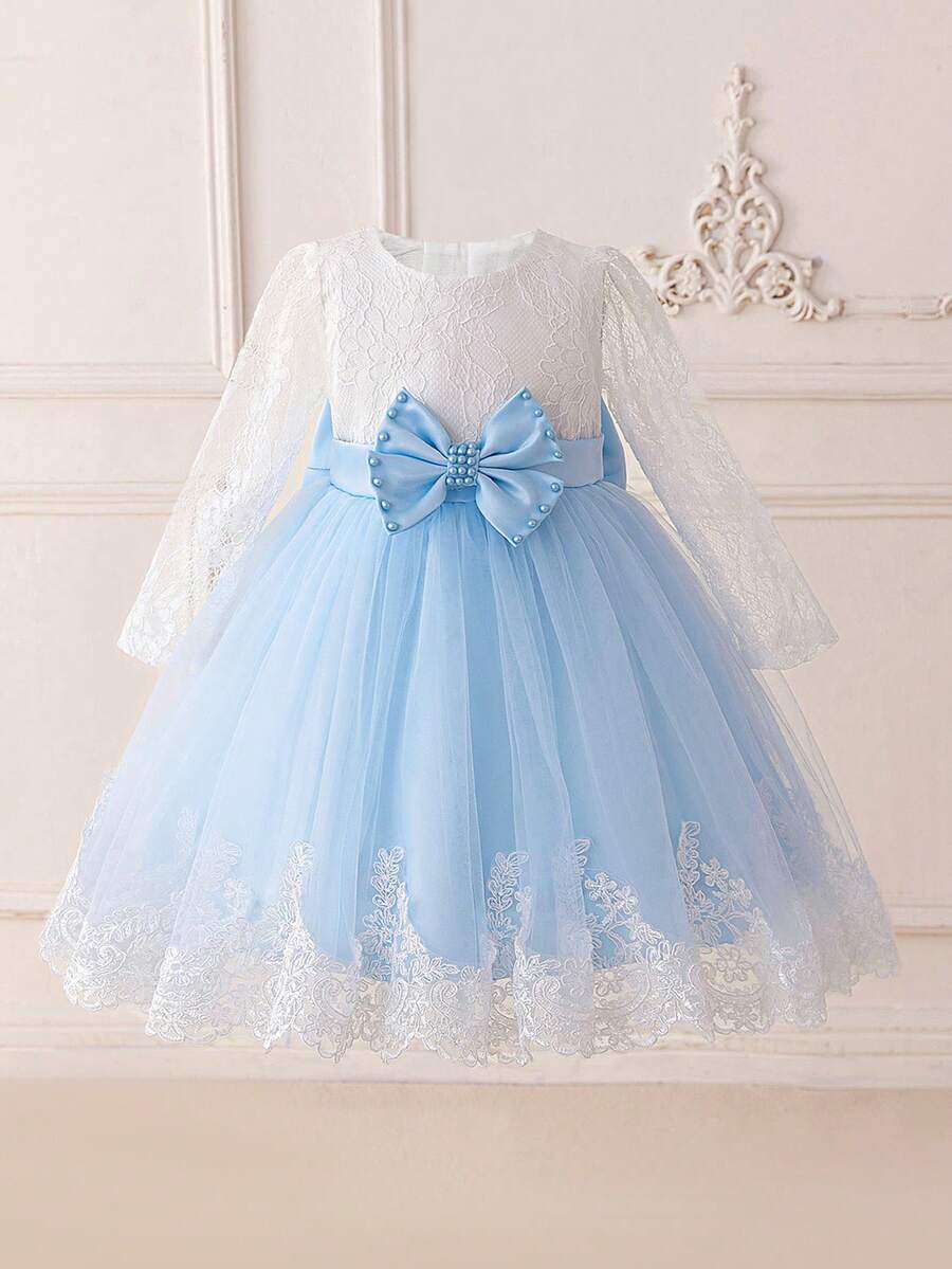 Young Girls Lace Long Sleeve Bow Mesh Elegant School Performance Dress, Suitable For Birthday, Flower Girl - 淺藍色 - 查看 1