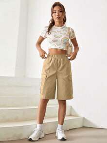 1 pieza Pantalones cortos informales con bolsillos laterales sueltos y múltiples bolsillos para niña adolescente, pantalones cortos utilitarios para exterior, primavera/verano/otoño - Caqui - Ver 3