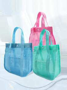 Mesh Toiletry Bag, Portable Multi-Pocket Storage Organizer Tote, Beach Carry Bag, Polyester Mesh Beach Bag
