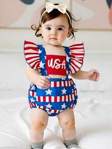 Baby Girl 4th Of July Romper Star Stripe Print Flying Sleeve Square Neck USA Jumpsuit With Bow Headband Newborn Infant Independence Day Clothes - Red - View 1