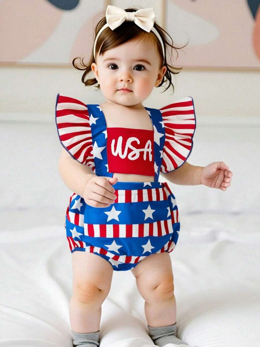 Baby Girl 4th Of July Romper Star Stripe Print Flying Sleeve Square Neck USA Jumpsuit With Bow Headband Newborn Infant Independence Day Clothes - Red - View 1
