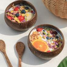 一套（椰子碗+勺子）椰子壳碗，复古圆形碗，椰子壳勺子，适合制作冰沙甜点碗，可用作学校餐饮用品，椰子壳勺子，返校季必备 - 椰殼 - 查看 4