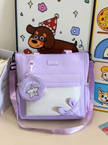 1 pieza Bolso de hombro con combinación de colores para niñas, versátil y de moda, bolso escolar informal con cierre de cremallera, adecuado para uso diario y en el campus