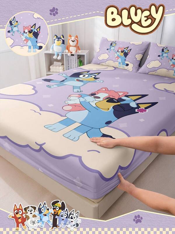 Bluey 1 pieza Sábana ajustada de Bluey, Ropa de cama de Bluey, Protector de colchón, Cubierta de cama, Juego de sábanas de color frío, Textil para el hogar acogedor, Protector de colchón transpirable y antipelusas, Almohada y funda de almohada no incluidas, De vuelta a la escuela