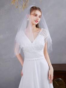 1 chiếc khăn voan cô dâu trơn có lược chải tóc, khăn voan lưới chống trượt tối giản, phụ kiện trang trí tóc thanh lịch, trang phục mùa thu cho phụ nữ - Hai lớp sợi trơn - Xem 6