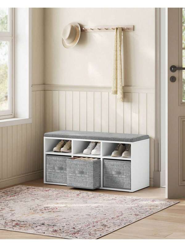 Shoe Bench With Cushion, Shoe Storage Bench With 6 Compartments And 3 Adjustable Shelves, Hallway Bench With 3 Storage Boxes, For Bedroom, Closet, Living Room, Cloud White