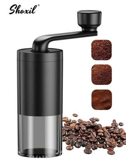 shoxil 1pc Manual Conical Burr Coffee Grinder, Ceramic Mill, Hand Crank, Portable, Perfect For Espresso Maker At Home, Travel, Camping, Internal Adjustable Setting, Visible Powder Bin