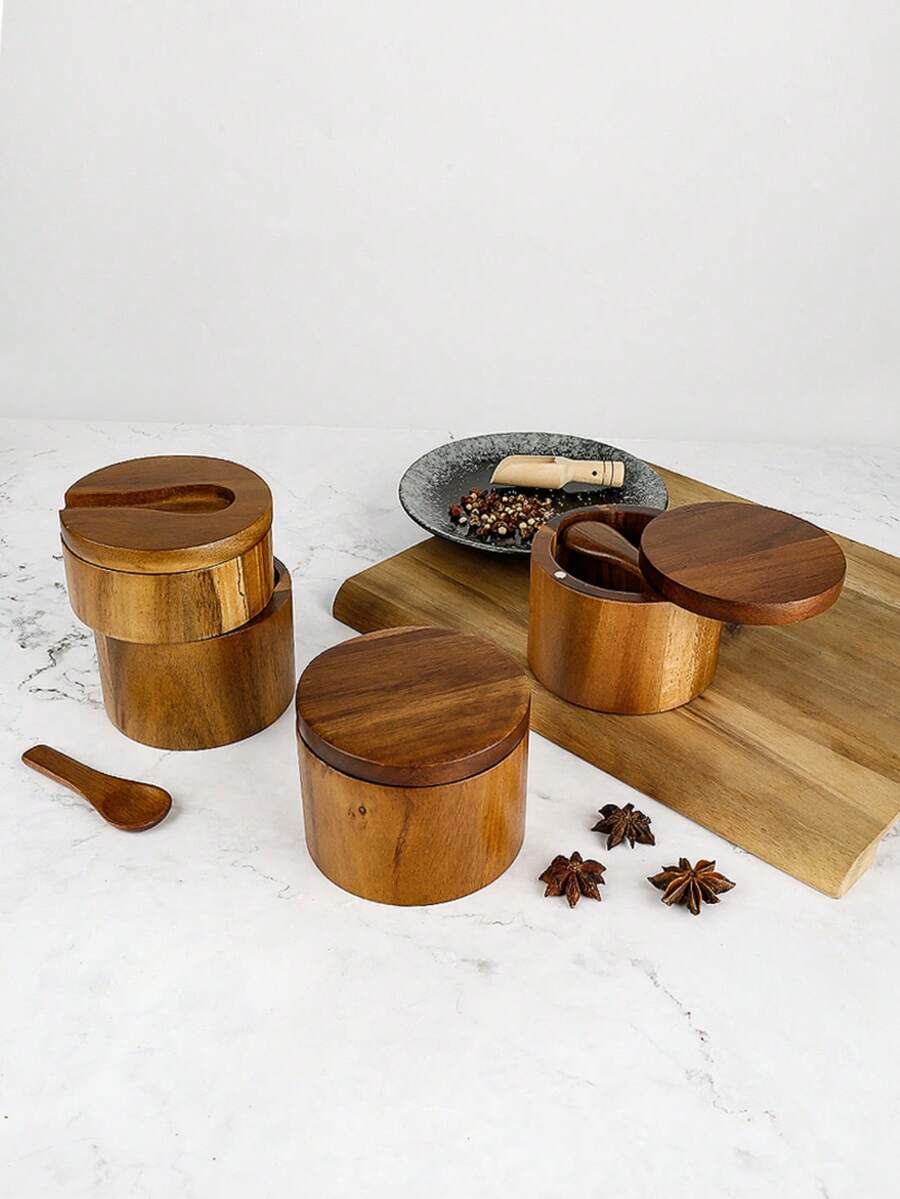1 件红木单层盐盒调味罐带盖和勺子，厨房储物容器