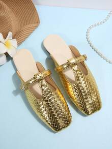 女士新款春夏一脚蹬鞋，仙女风时尚舒适露背穆勒鞋，百搭休闲乐福鞋，平底软底鞋，玛丽珍平底鞋，职场鞋 - 金色 - 查看 3