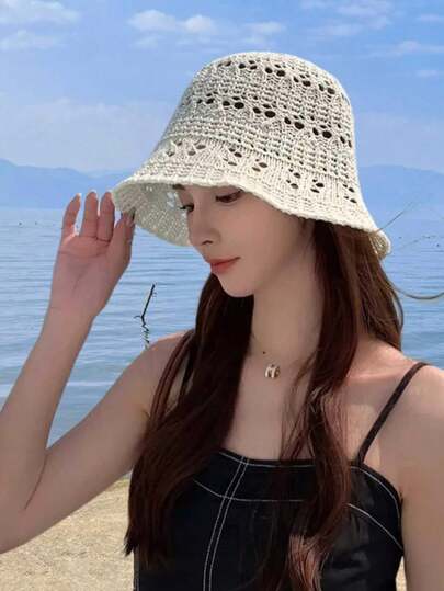 1件装女纯色渔夫帽，休闲复古波西米亚宫廷风派对街头镂空针织日系渔夫帽，夏季防晒帽，户外可折叠太阳帽，适合日常出游逛街