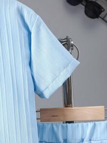 男童休闲轻薄透气纯色波浪纹理衬衫领短袖衬衫短裤套装，春夏 - 藍色 - 查看 6