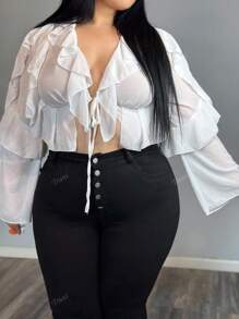 Truni Plus Size Women Spring/Summer Elegant Vacation Outfits Solid Color Ruffle Patchwork Long Sleeve Casual Shirt
