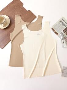 2pcs Women's Ribbed Seamless Wide Strap Camisole, Layering Sleeveless Thin Top Without Padding, Suitable For Outer Wear