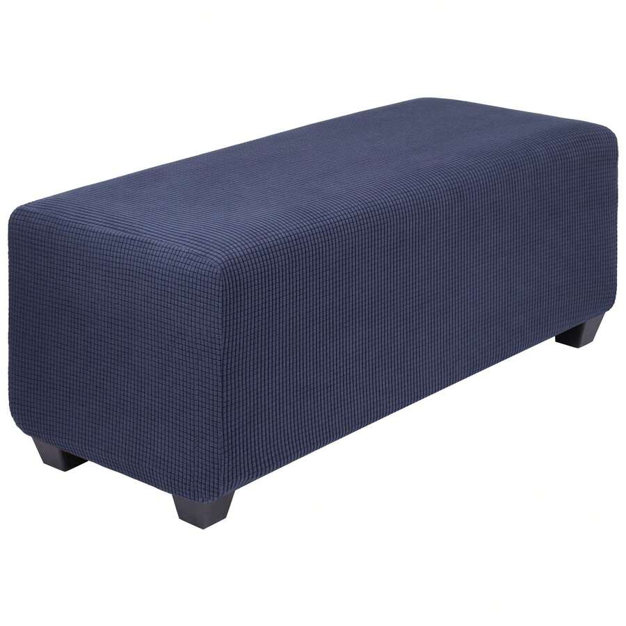 High Stretch Ottoman Cover With Elastic Bottom, Soft Slipcover Jacquard Fabric Small Checks Rectangle Storage Stool Cover Furniture Covers - 藏蓝色 - 查看 1