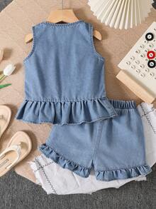 2pcs/Set Toddler Girls' Fashionable Street Casual Outdoor Versatile T-Shirt & Retro Denim Shorts Set, Summer - Medium Wash - View 2
