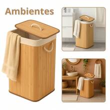 Bamboo Laundry Basket Foldable Lined Organizer Bathroom Large Rectangular Dirty Clothes Hamper - 竹子 72L - 查看 2