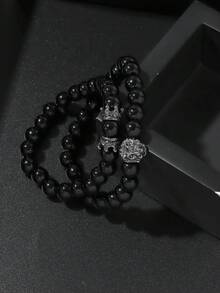 3 件时尚百搭男士石英表，圆形表盘，合金钢带，搭配皇冠串珠手链套装，是送给男士的最佳礼物，适合节日礼物和日常佩戴 - 黑色 - 查看 2