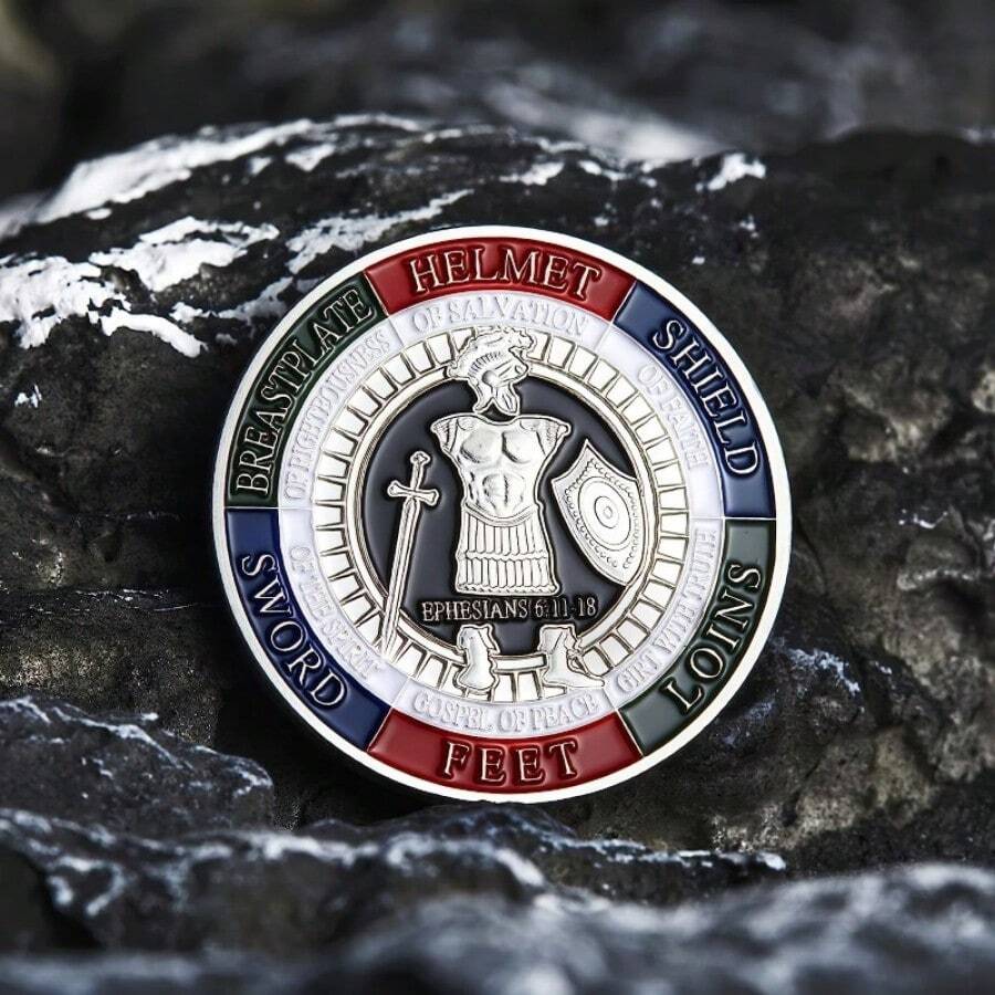 1pc Collectible Edition Armor Of God Challenge Coin - Inspirational Prayer Commemorative Coin, Perfect Creative Gift To Inspire Inspiration And Faith, Perfect For Golf Markers And Playing Card Protectors, Suitable For Holiday Party Gifts, Christmas - Silvery - View 1