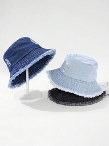 1pc Women's Ripped Fur-Edged Bucket Hat, Sun Hat, Personalized Street Travel Sun Protection Bucket Hat Suitable For Outdoor Travel And Daily Use - Hole Decoration - View 7