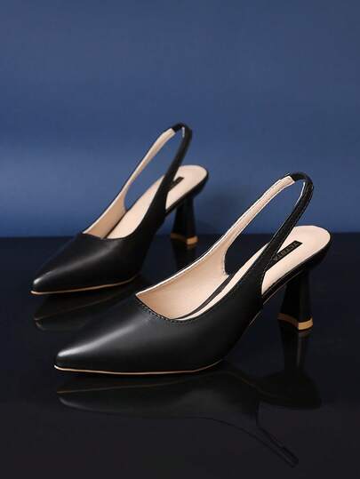 1 Pair Girl's Black High Heel Sandals, Solid Color PU Upper With Elastic Ankle Strap, Pointed Toe Slim Heel, Elegant Wedge Style, Suitable For Party, Shopping, Travel, Summer