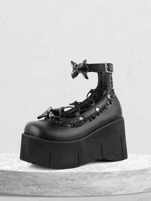 Giày bốt đế xuồng thời trang cho nữ Giày bốt Goth Mũi tròn Gót nhọn Thiết kế nơ Dây đeo thoải mái có thể điều chỉnh Đầm dự tiệc Halloween Giày cao gót Giày bốt cổ ngắn ngày lễ tình nhân - màu đen - Xem 8