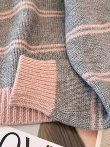 Loose Half Zip Striped Knit Sweater - Grey - View 5