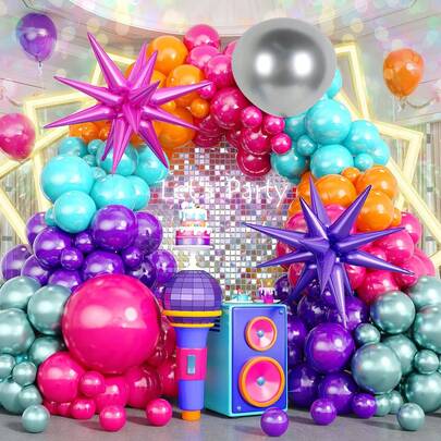 131 pièces Ensemble de guirlande de ballons disco, comprenant des ballons en latex rose, violet, orange, bleu nylon, vert métallisé et des ballons en feuille d'aluminium étoilés explosifs, convient pour les fêtes d'anniversaire, les fêtes des années 80 et 90, les décorations de fête de danse, les décorations de fête à thème disco.