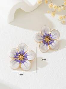 1 对不对称珐琅和珍珠不对称花朵耳钉，闪亮银色星星装饰优雅耳环，适合女士 - 銀色 - 查看 6