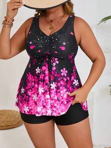 Plus Size Women's High Waist Printed Bikini Swimsuit Set, Shiny Beach Wear Swimsuit - Pink - View 3