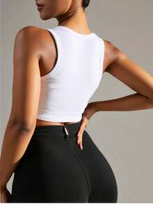 1 pieza Sujetador deportivo para mujer de color liso, con tirantes plateados y espalda de tipo racer, cómodo - Blanco - Ver 2