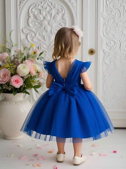 女婴纯色薄纱露背蝴蝶结装饰蓬蓬裙，可爱花童礼服，适合户外派对，不含头饰