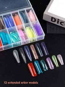 FULL BEAUTY Caja de 144 piezas Moldes de extensión de uñas largas en forma de ataúd/ovalada de colores claros para arte de uñas, con cobertura completa, molde para extensión de uñas de gel UV, acrílico y arte de uñas DIY, incluye 12 tamaños, escala y puntas en forma de U para extensiones de uñas artificiales falsas