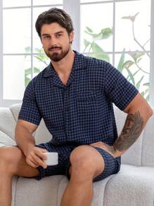 2pcs/Set Men's Plaid Allover Print Short Sleeve Shirt And Shorts Pajama Set